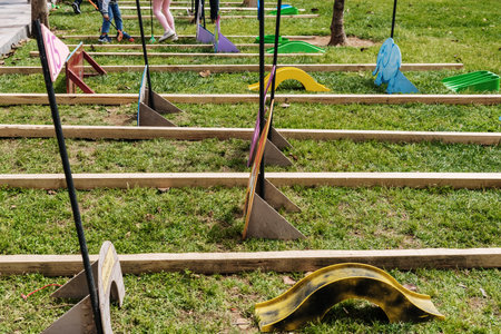 Valencia, Spain - April 29, 2019: Portable mini-golf placed on the lawn for children's fun.のeditorial素材