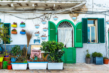 Facades of old Italian Mediterranean houses in Bari painted in colors.のeditorial素材