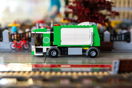 Valencia, Spain - April 13, 2019: Lego toy, garbage collection truck recyclable.のeditorial素材