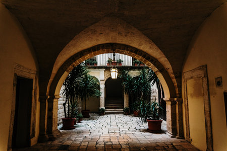 Bari, Italy - March 12, 2019: Interior atrium of a typical dwelling in Italian renancentist style.のeditorial素材