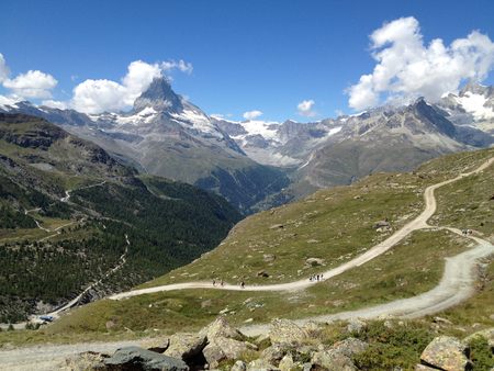 Mother and daughter hiking in the alpine mountains near Sunnega in Switzerland.の写真素材