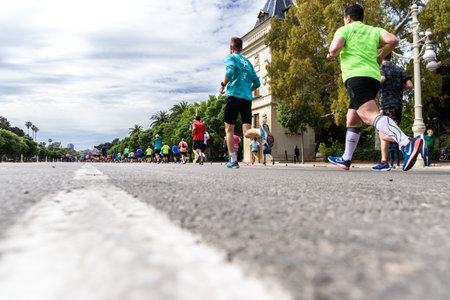Valencia, Spain - May 19, 2019: Group of runners participating in a popular race.のeditorial素材