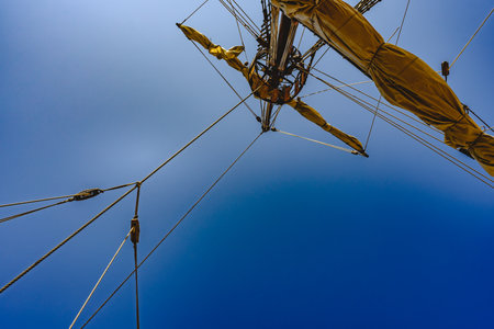 Sails and ropes of the main mast of a caravel ship, Santa MarÃ­a Columbus shipsのeditorial素材