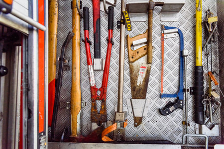 Valencia, Spain - June 8, 2019: Tools carried by a fire truck to solve emergencies.のeditorial素材