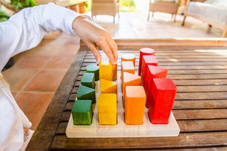 Girl placing the blocks that a geometrical montessori puzzle of colors, a toy made with wood and...