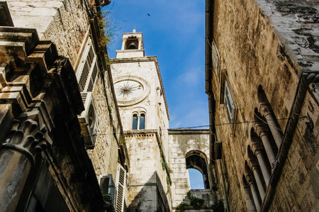 Split, Croatia - June 1, 2019: Old town of Split, medieval city with streets full of tourists and...