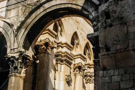 Split, Croatia - June 1, 2019: Old town of Split, medieval city with streets full of tourists and religious buildings.のeditorial素材