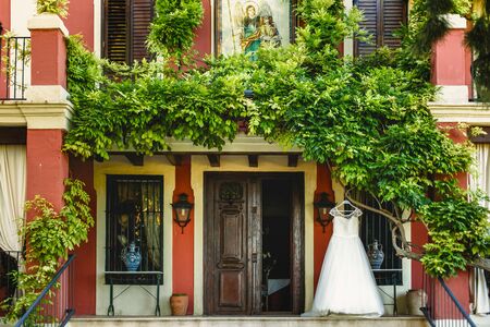 Elegant and clean white wedding dress, nobody, hanging from a tree on the day of the wedding waiting for the bride to dress.の写真素材