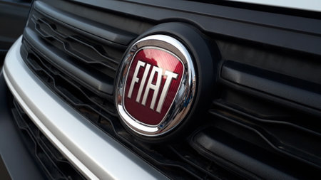 Valencia, Spain - January 18, 2019: Front radiator of a van of the Italian brand Fiat.