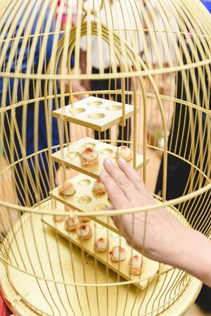 Egg-shaped appetizers of bird served inside a luxury golden cage.の写真素材