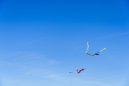 Colorful kite flying in the blue sky, negative space for copy.の写真素材