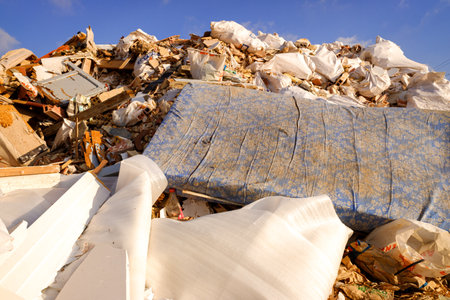 Valencia, Spain - August 6, 2019: Garbage and debris thrown in an illegal landfill in the orchard on...