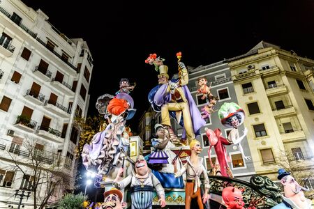 Detail of the beautiful and traditional Fallas, colorful monuments manufactured to be burned in the night of San Jose.の写真素材
