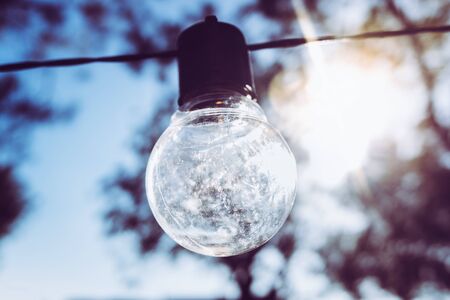 Round glass bulb illuminated by the sun from behind, event decoration background.の写真素材