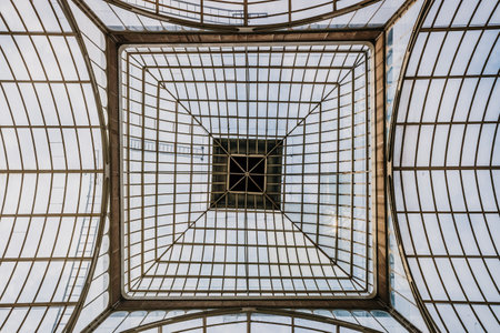 Dome of an old greenhouse, with pattern of glass windows.のeditorial素材