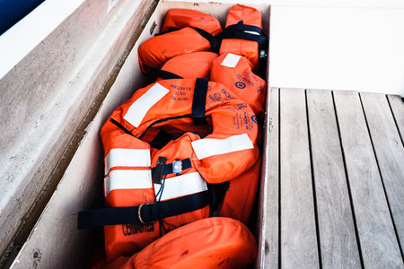 Valencia, Spain - November 1, 2019: Life jackets on a sailboat.のeditorial素材
