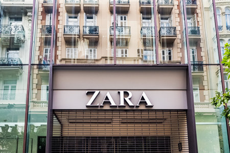 Valencia, Spain - November 17, 2019: Facade of the Zara clothing store, belonging to the multinational Inditex.のeditorial素材
