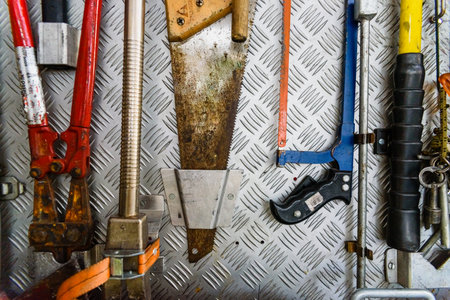 Valencia, Spain - June 8, 2019: Tools carried by a fire truck to solve emergencies.