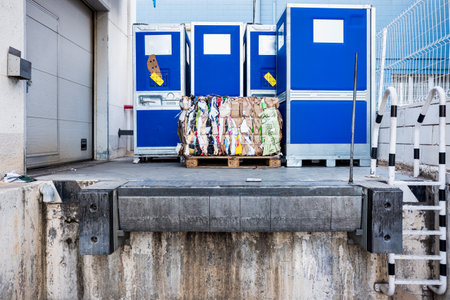 Valencia, Spain - December 4, 2019: A used paper bale on the loading dock of a shop