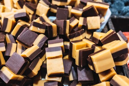 Many toffee sweets without wrapping with a lot of sugar.の写真素材
