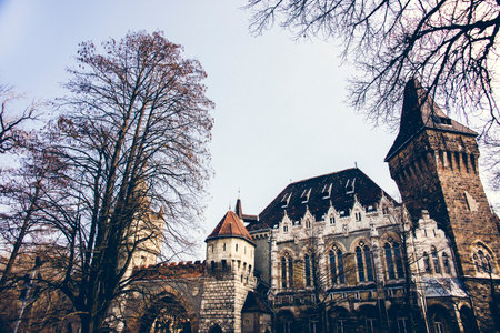 Budapest, Hungary - April 2, 2013: Vajdahunyad Castle and Jaki Chapel, historical attraction for tourists.のeditorial素材