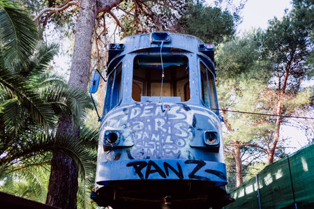 Old tram abandoned and vandalized in a park by young graffiti artists.のeditorial素材