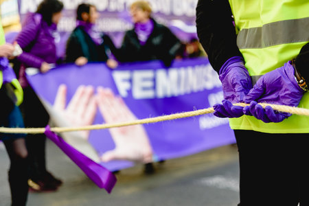 Valencia, Spain - March 8, 2020: Women protesters on International Women's Day and protesting their rights to equality, staff organized the demonstration.のeditorial素材