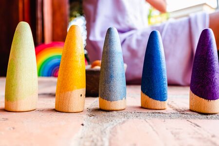 In montessori education simple materials are used, made of wood and that allow creative play.の写真素材