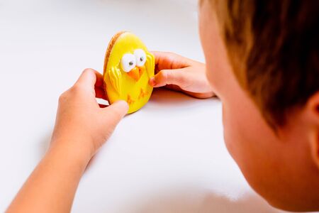 Child holds a funny shaped cookie, ready to eat it.