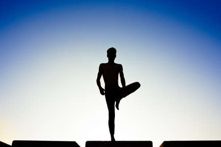 Young sportsmen doing yoga, holding the tree pose, Vrksasana.の写真素材