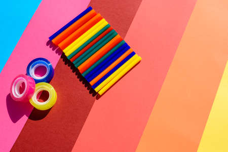 Simple plastic materials and school supplies in bright colors.の写真素材