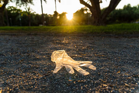 Plastic gloves from a supermarket abandoned on the ground in a park, polluting.の写真素材