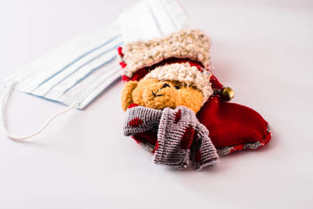 Christmas decorations for Christmas Eve with sanitary masks, seen from above.の写真素材