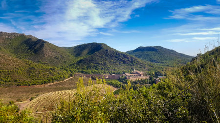 View of the religious monastery of Porta Coeli in the heart of the Calderona mountain range of Valencia.の写真素材
