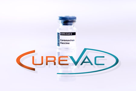 Valencia, Spain - January 17, 2021: CureVac's new coronavirus vaccine is approved, logo with vaccine vial.のeditorial素材