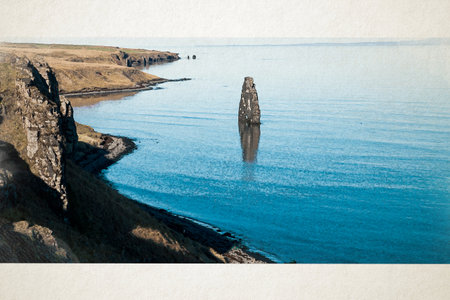 Digital illustration with canvas texture, Rock on the coast of the calm sea.の写真素材