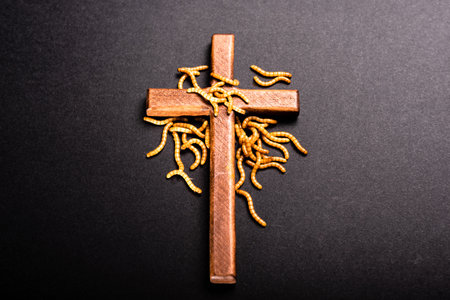 Christian wooden cross attacked by worms that rot the roots of Christianity, a symbolic metaphor.の写真素材