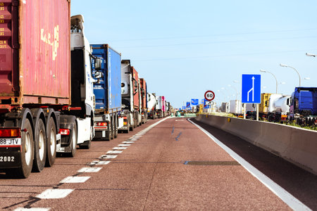 Valencia, Spain - February 28, 2020: A traffic jam produced by trucks with containers at the access to a port by road.のeditorial素材