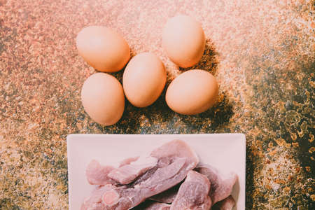 Animal protein from fresh meat and eggs.の写真素材