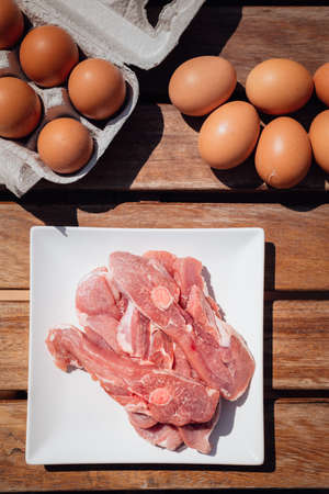 Animal protein from fresh meat and eggs.の写真素材