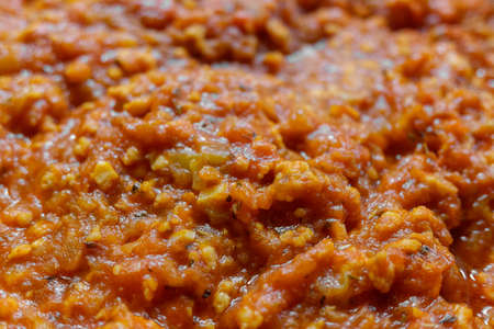 Detail of a fried vegetable sauce with tomato.の写真素材
