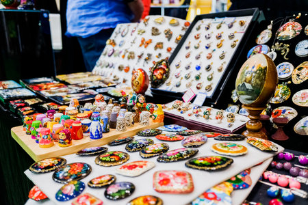 Madrid, Spain - May 20, 2021: Russian crafts sold at a street stand.のeditorial素材