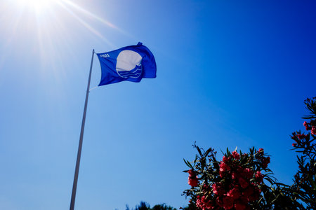 Valencia, Spain - July 6, 2021: The blue flag is a badge that is awarded to the best beaches of the highest quality on the Spanish coast.のeditorial素材