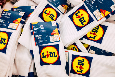 Valencia, Spain - July 30, 2021: Cotton socks with the logo of the German supermarket chain Lidlのeditorial素材