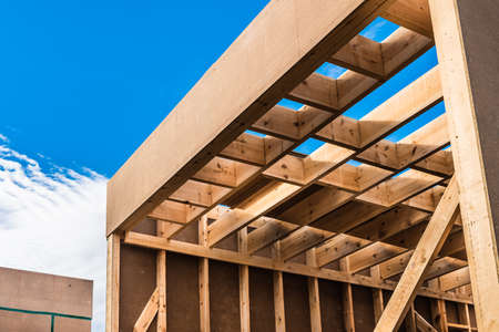 Construction of a sustainable wooden building, roof and walls without finishing with planks.