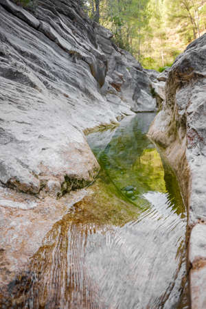 Calm watercourse that flows in the rocky bed reflecting the forest in its waters.の写真素材