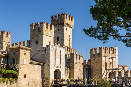 Sirmione, Italy - September 24, 2021: Thick walls of Sirmione castle, seen from below.のeditorial素材