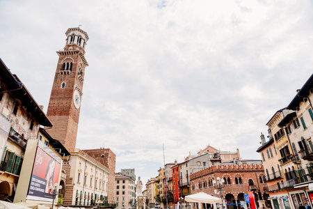 Verona, Italy - October 1, 2021: Piazza delle Erbe on a cloudy day.のeditorial素材