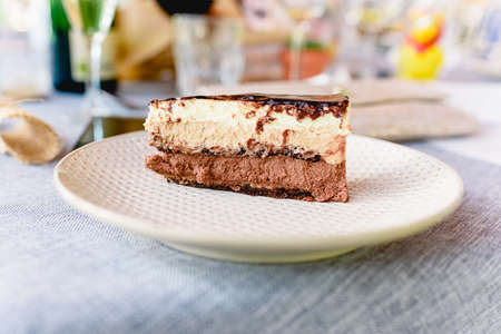 Tasty chocolate cake elegantly served during a wedding.の写真素材