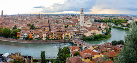 Panoramic from the top of the Castle of Verona, with a view of the roofs and the alleys of the medieval city along the river.の写真素材